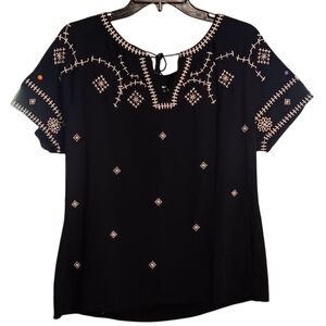 Talbots Black Blouse with White Embroidery